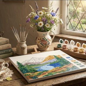 Pode incluir: Uma tela de pintura por números retratando uma paisagem de montanha com um lago e árvores, acompanhada por uma bandeja de madeira com pequenos potes de tinta, um jarro de cerâmica com flores silvestres, duas velas acesas sobre livros.