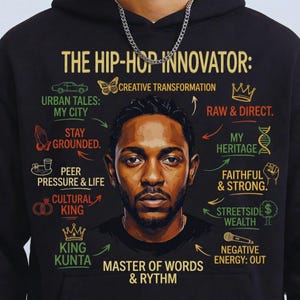 May include: Black hoodie featuring a portrait of a man with text that reads "The Hip-Hop Innovator." The design includes various graphics and phrases such as "Urban Tales: My City," "Raw & Direct," and "Master of Words & Rythm."