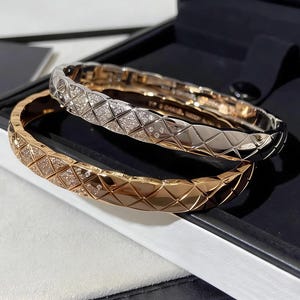 Chic Rose Gold Quilted Diamond Grid Hinged Cuff, Stunning Bride, Anniversary,Mothers Day,Daily Wear Gift For Her.