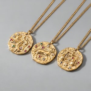 Delicado collar vintage de oro de 18 quilates con moneda del zodiaco, los 12 signos del horóscopo, regalo de cumpleaños personalizado, talismán de piedras preciosas.