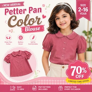 May include: A dusty rose short-sleeved blouse featuring a rounded Peter Pan collar and a front button-down closure. The garment is displayed with text overlays including New Arrival, Petter Pan Color Blouse, and Size 2-16 Year.