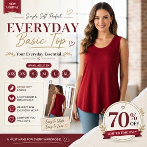 Könnte beinhalten: Eine Frau trägt ein rotes Tanktop. Das Bild zeigt den Text "EVERYDAY Basic Top" und "Your Everyday Essential". Das Tanktop ist in den Größen XXS bis XL erhältlich. Ein Angebot von 70% Rabatt ist ebenfalls abgebildet.