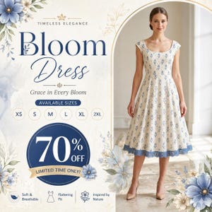 Peut inclure: Une femme porte une robe blanche à imprimé floral bleu. La robe a un col rond, des manches courtes et une jupe évasée avec une bordure en dentelle bleue. Le texte de l'image indique "Bloom Dress" et "Grace in Every Bloom". Tailles disponibles : XS à 2XL.