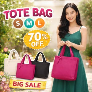 Puede incluir: Una mujer sostiene un bolso tote magenta. Se ven otros tres bolsos tote en crema, magenta y negro. La imagen incluye el texto "TOTE BAG", "S M L", "70% OFF" y "BIG SALE".