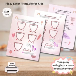 May include: Printable sheets for kids with the text "Picky Eater Printable for Kids". The sheets have a pink background with illustrations of fruits and vegetables. The text "Rainbow Tasting Trail" is visible. The age range is 4-8.