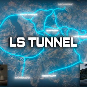May include: A map of a city with a neon blue route highlighting the LS Tunnel. The text "LS TUNNEL" is prominently displayed. The "ENERGY SHOP" logo is in the upper right corner. Images of tunnels and cars are at the bottom.