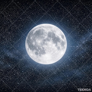 Peut inclure: Une pleine lune lumineuse se détache sur un ciel bleu foncé étoilé. La lune, d'un blanc éclatant, révèle des cratères et des textures. L'arrière-plan présente un motif quadrillé et de nombreuses petites étoiles blanches.
