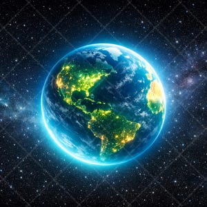 Peut inclure: Illustration numérique de la Terre dans l'espace, avec des lumières de villes illuminant les continents. La planète est entourée d'une aura bleu vif sur un fond sombre et étoilé.