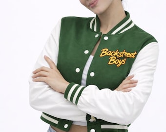 Backstreet Boys Cropped Varsity Jacket for Women, Green and White Bomber , Concert & Fan Apparel