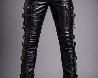 Pantalones de cuero góticos negros para hombre – Pantalones de estilo motero punk con cordones y correas – Cierre de hebilla estilo moto.