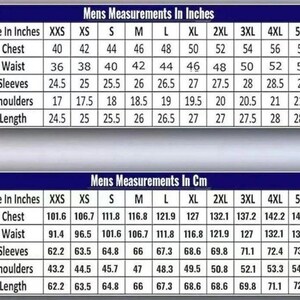 May include: A chart displaying men's measurements in inches and centimeters. The chart includes chest, waist, sleeves, shoulders, and length measurements for various sizes, from XXS to 5XL. The text is in a blue and white color scheme.