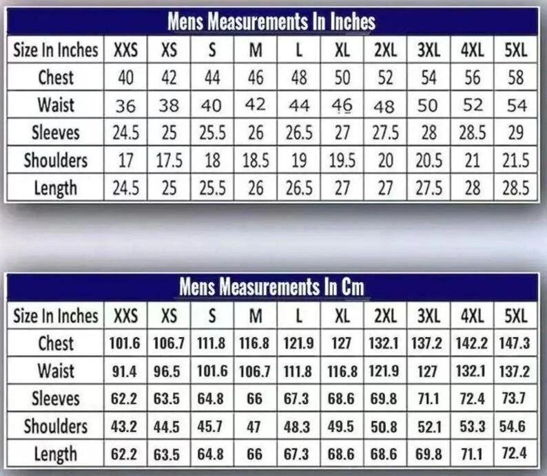 May include: A chart displaying men's measurements in inches and centimeters. The chart includes chest, waist, sleeves, shoulders, and length measurements for various sizes, from XXS to 5XL. The text is in a blue and white color scheme.
