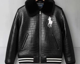 Polo Black Crocodile Embossed Leather Bomber Jacket with Fur Collar Genuine ,Luxury Street wear