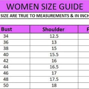 May include: A women's size guide with measurements in inches. The chart includes sizes from XXS to 4XL, listing bust, shoulder, fits to chest, and sleeve measurements. The text at the top reads "WOMEN SIZE GUIDE".