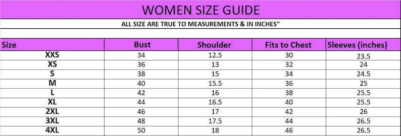 May include: A women's size guide with measurements in inches. The chart includes sizes from XXS to 4XL, listing bust, shoulder, fits to chest, and sleeve measurements. The text at the top reads "WOMEN SIZE GUIDE".