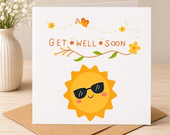 Biglietto di auguri di pronta guarigione, illustrazione di un sole splendente, messaggio incoraggiante per la guarigione.