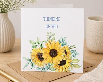 Tarjeta de felicitación con girasoles y diseño floral en acuarela, interior en blanco, 6x6 pulgadas.