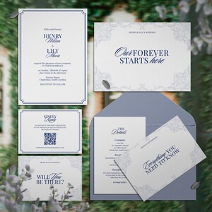 May include: Elegant wedding invitation suite in shades of blue and white. Includes invitation, RSVP, details, and 'Everything You Need to Know' cards, plus an envelope. Floral design accents the text 'Our Forever Starts Here'.