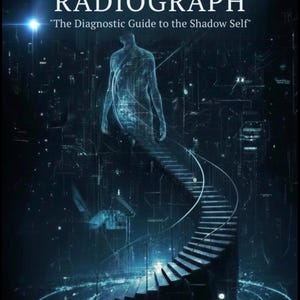 Może przedstawiać: Okładka książki zatytułowana PSYCHOLOGICAL RADIOGRAPH: The Diagnostic Guide to the Shadow Self autorstwa Amany Galal. Ciemnoniebieskie tło przedstawia świecącą, półprzezroczystą ludzką sylwetkę na szczycie kręconych schodów.