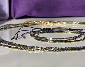 Conjunto de joyería de verano, conjunto a juego de collar y pulsera elaborados con cuentas japonesas, cierre de plata 925 chapado en oro, trabajo de abalorios hecho a mano.