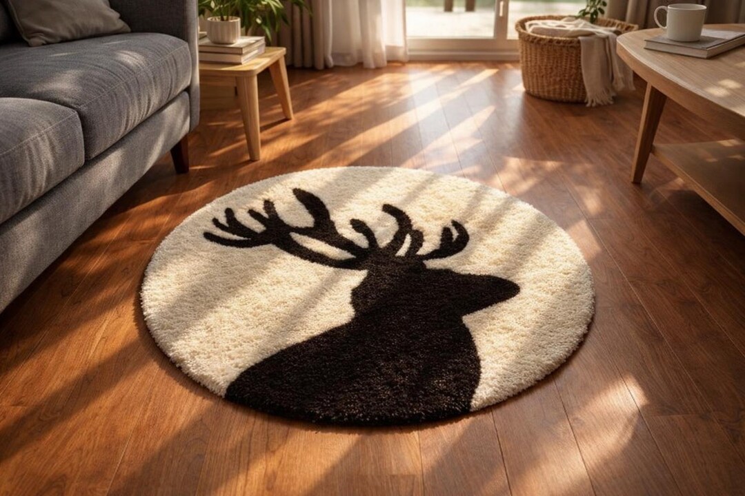 Hand Tufted Rug Deer Head Rug, Rustic Deer Area Rug, Round Cabin Rug ...