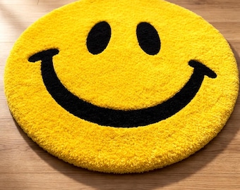 Handtuftad matta med smileyansikte, gul smiley-matta, söt emoji-matta, estetisk rumsdekorationsmatta, rund plyschmatta med leende, rolig sovrumsmatta