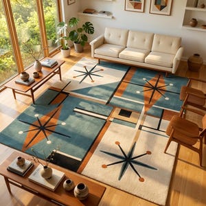 May include: A large rectangular area rug featuring a geometric pattern with teal, cream, and burnt orange sections. The design includes black starburst motifs, thin black lines, and solid color blocks, creating a structured, multi-paneled visual layout.