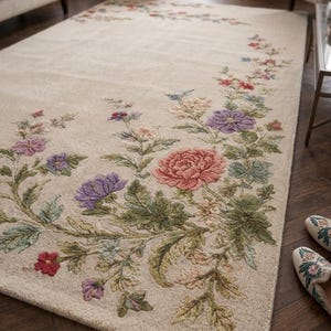 May include: Cream-coloured floral rug with a detailed botanical design. The rug features a large pink peony, purple and red flowers, and green leaves. The rug is placed on a dark wood floor.