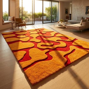 May include: A rectangular area rug featuring a high-pile texture with a vibrant pattern of interconnected, organic, amoeba-like shapes in shades of bright orange and yellow, set against a solid, deep red background covering the entire surface.