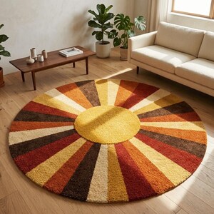 Rund Sunburst-matta, handgjord tuftad ullmatta, retro boho-matta, modern matta i 50-talet, geometrisk rund matta, iögonfallande vardagsrumsmatta bild 6