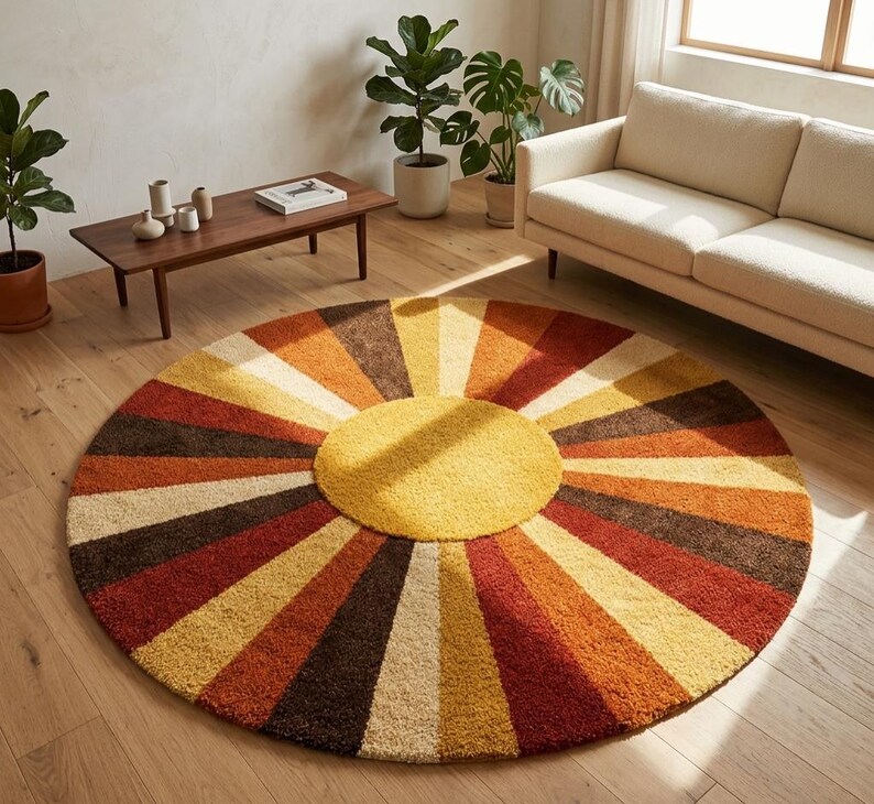 Rund Sunburst-matta, handgjord tuftad ullmatta, retro boho-matta, modern matta i 50-talet, geometrisk rund matta, iögonfallande vardagsrumsmatta bild 6