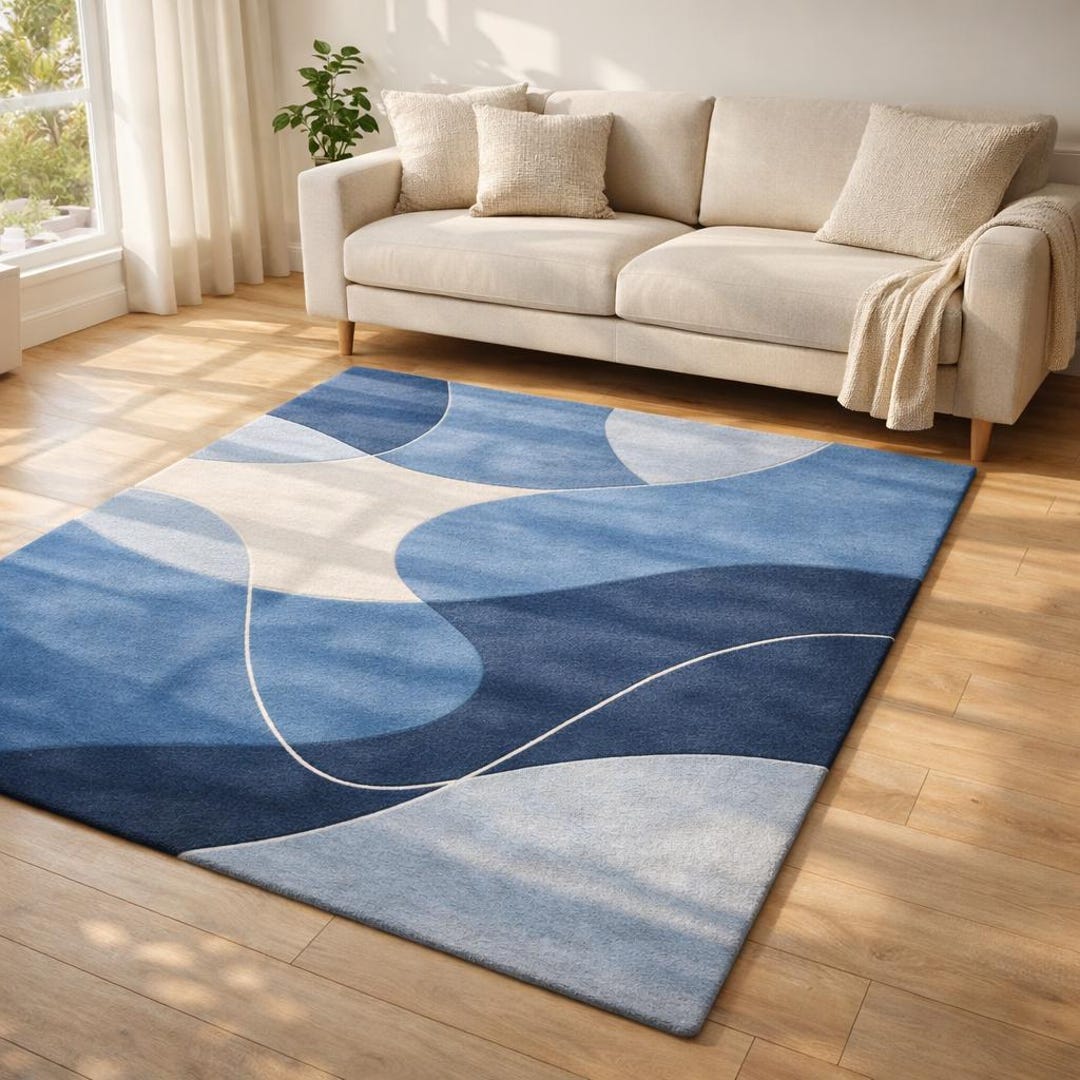 Modern Blue Abstract Hand Tufted Wool Rug, Geometric Wave Pattern ...