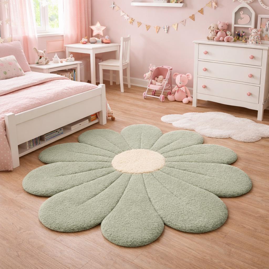 Small Daisy Rug Green Daisy Flower Rug, Floral Shaped Area Rug, Cute Kids Room Carpet ...