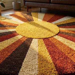 Rund Sunburst-matta, handgjord tuftad ullmatta, retro boho-matta, modern matta i 50-talet, geometrisk rund matta, iögonfallande vardagsrumsmatta bild 2