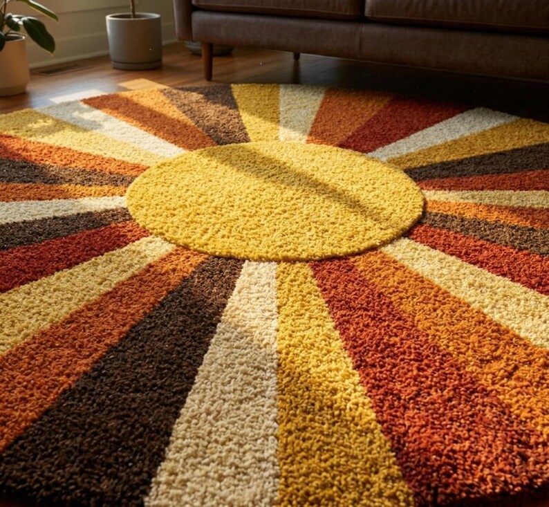 Rund Sunburst-matta, handgjord tuftad ullmatta, retro boho-matta, modern matta i 50-talet, geometrisk rund matta, iögonfallande vardagsrumsmatta bild 2