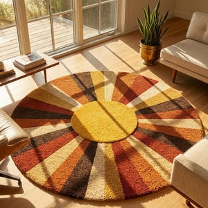 Rund Sunburst-matta, handgjord tuftad ullmatta, retro boho-matta, modern matta i 50-talet, geometrisk rund matta, iögonfallande vardagsrumsmatta bild 1
