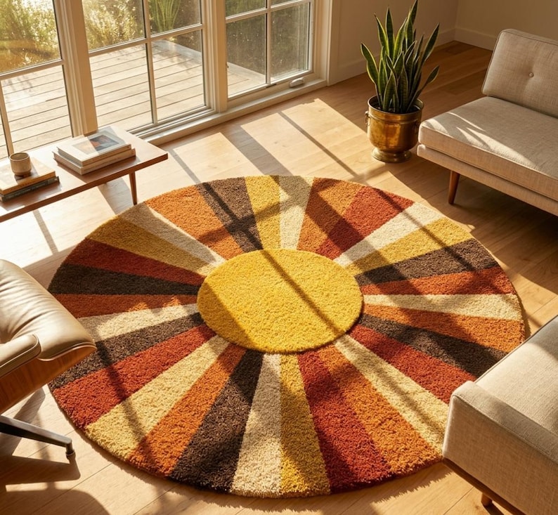 Rund Sunburst-matta, handgjord tuftad ullmatta, retro boho-matta, modern matta i 50-talet, geometrisk rund matta, iögonfallande vardagsrumsmatta bild 1
