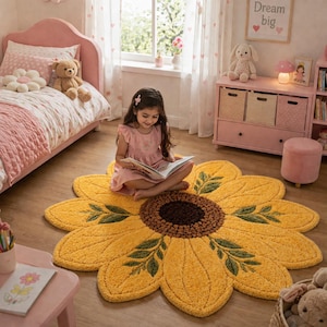 May include: A yellow sunflower-shaped rug with green leaf accents and a brown center. The rug is placed on a wooden floor in a child's bedroom. A young person is sitting on the rug, reading a book. The room has a pink bed and furniture.