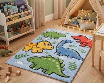 Kids Dinosaur Rug, Cartoon Dinosaur Area Rug, Nursery Room Rug, Handmade Soft Tufted Playroom Carpet, Kids Bedroom Floor Mat Gift