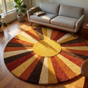 Rund Sunburst-matta, handgjord tuftad ullmatta, retro boho-matta, modern matta i 50-talet, geometrisk rund matta, iögonfallande vardagsrumsmatta bild 5