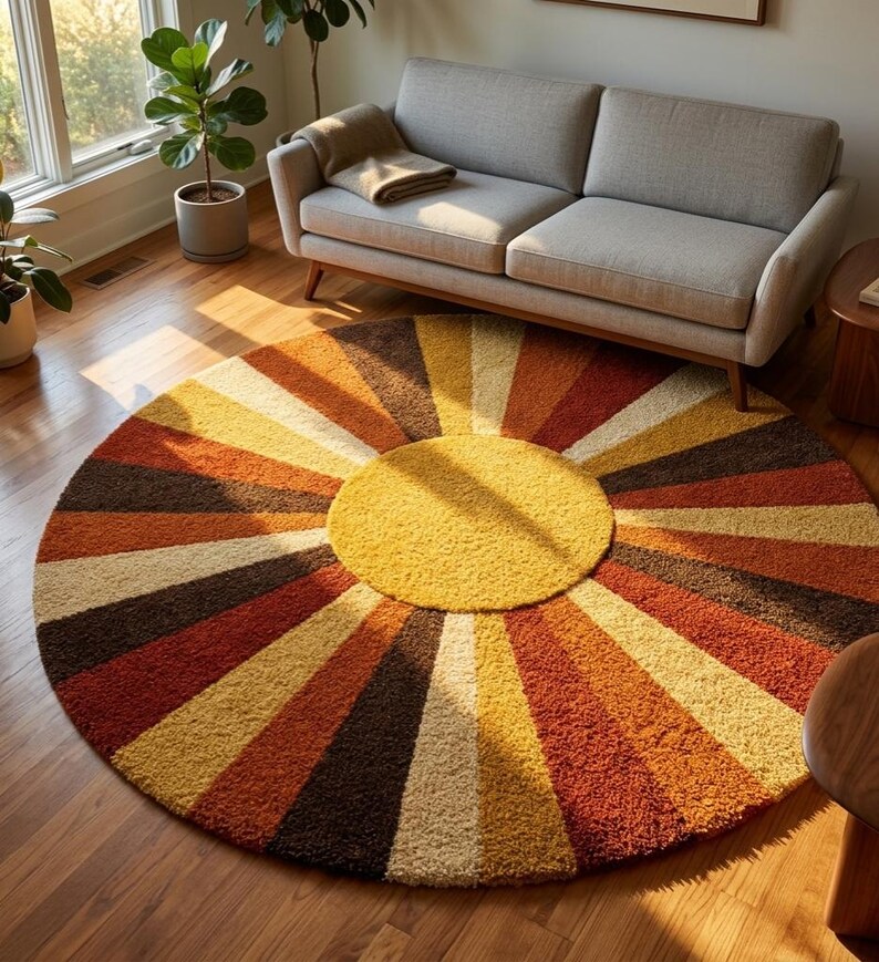 Rund Sunburst-matta, handgjord tuftad ullmatta, retro boho-matta, modern matta i 50-talet, geometrisk rund matta, iögonfallande vardagsrumsmatta bild 5