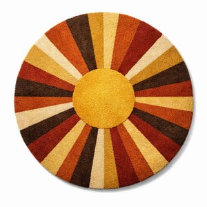 Rund Sunburst-matta, handgjord tuftad ullmatta, retro boho-matta, modern matta i 50-talet, geometrisk rund matta, iögonfallande vardagsrumsmatta bild 3