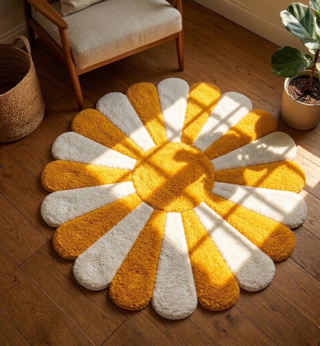 Hand Tufted Wool Yellow Daisy Flower Rug, Cute Floral Tufted Rug, Soft ...