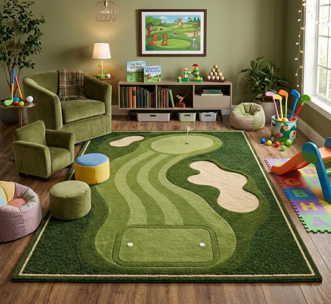 Golf Ramp Rug Golf Course Area Rug for Kids Playroom & Nursery – Fun 3D Green Fairway ...