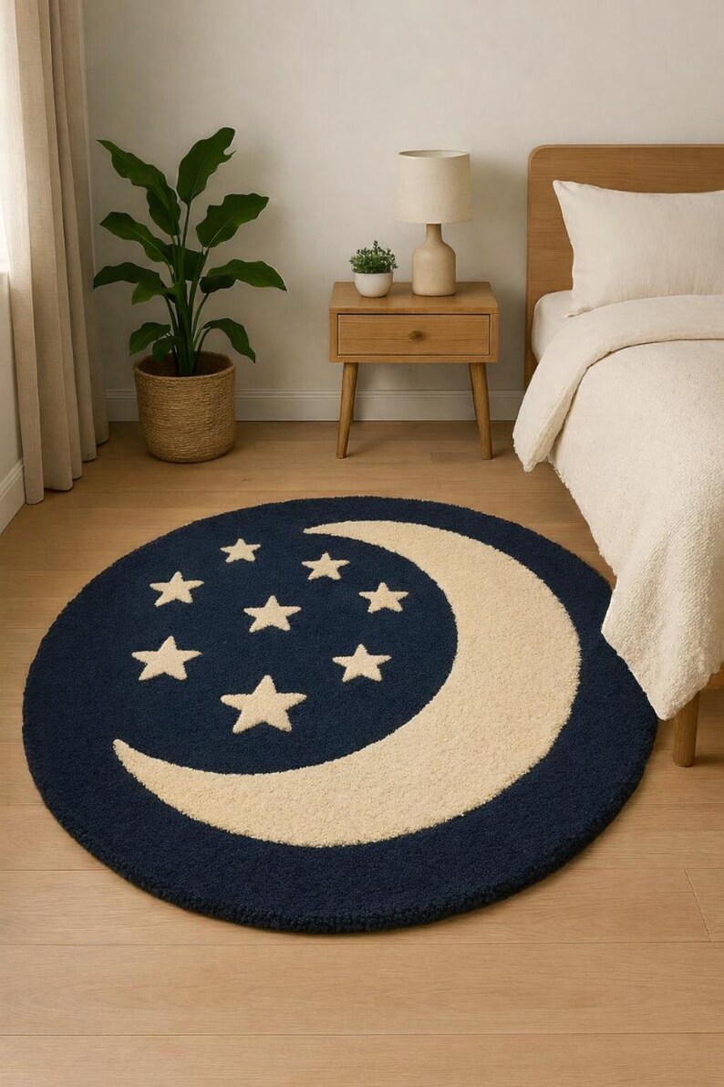 Celestial Moon Rug, Stars Nursery Rug, Round Kids Playroom Carpet, Navy ...