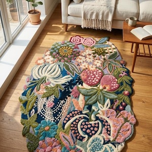Könnte beinhalten: Ein farbenfroher, floral gemusterter Teppich mit einem skurrilen Design. Der Teppich zeigt eine Vielzahl von Blumen, Blättern und Früchten in Blau-, Rosa-, Grün- und Gelbtönen. Der Teppich liegt auf einem Holzboden.