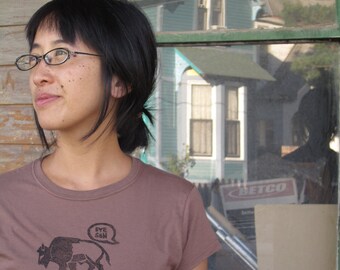 Bye Son:  Women's cotton t-shirt is hand printed with water based ink from a rubber block stamp.