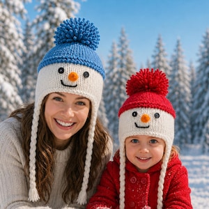 Easy Knit Chunky Snowman Earflap Hat Knitting Pattern PDF Age 2 - Adult