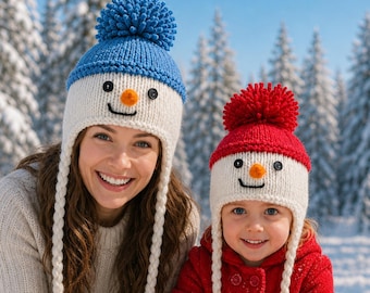 Easy Knit Chunky Snowman Earflap Hat Knitting Pattern PDF Age 2 - Adult