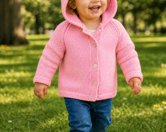Girls Easy Hooded Jacket Knitting Pattern PDF Beginners Raglan Cardigan DK 8ply 20 - 24" Age 6 mths - 4 years